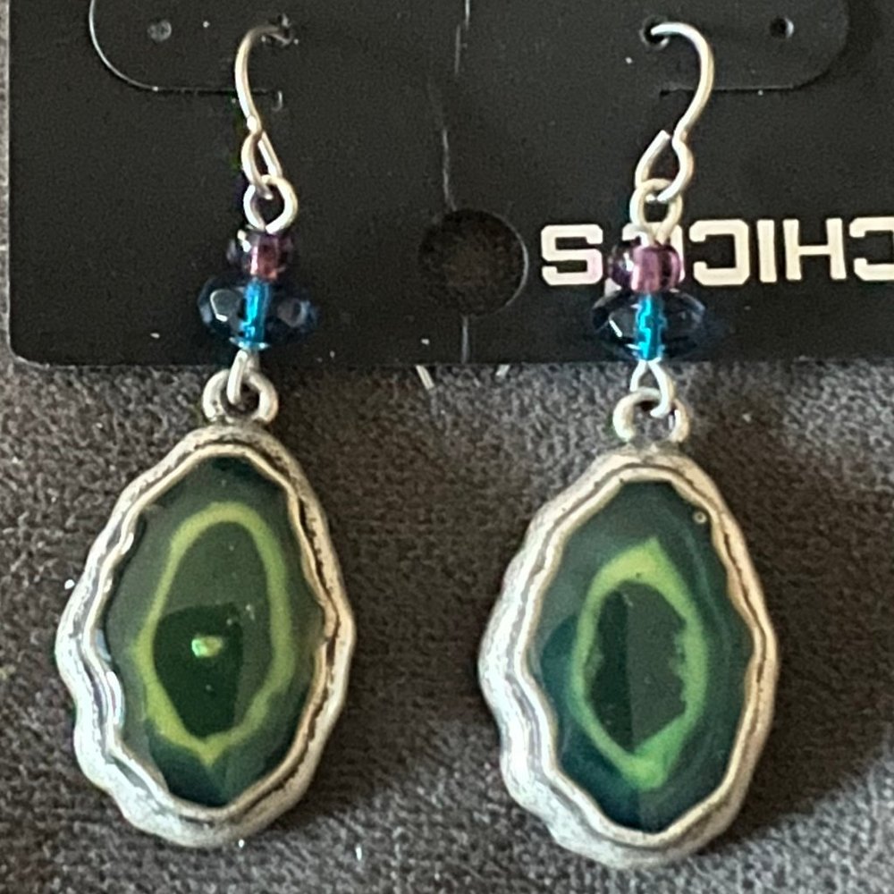 NWT Chico's Drop Green Stone, Blue & Purple Bead, Silver Wire Hook Earrings